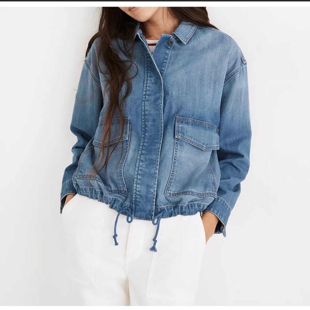 Madewell Denim Drawstring Military Shirt Jacket in Glenmar Wash Size Medium